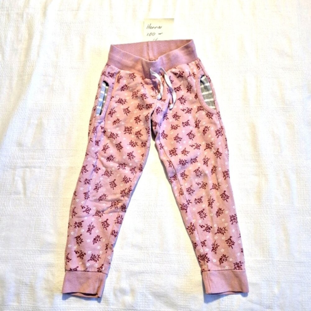 Hanna Andersson girls size 100 or 4 pink with purple & white flower joggers vguc